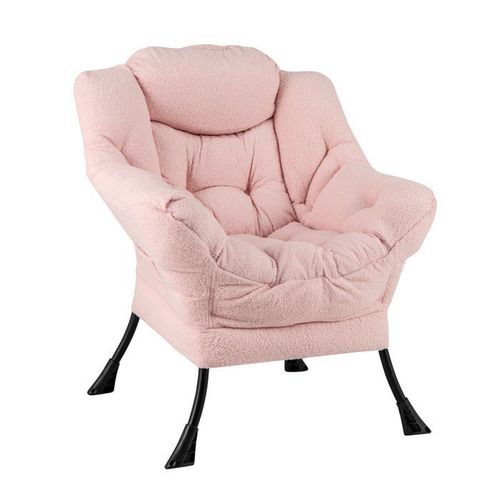 Fauteuil Relax Costway-Coussin De Tête-Dossier Et Siège Capitonnés-Accoudoirs-Poche De Rangement-Cadre En Métal-Charge 150 Kg-Rose