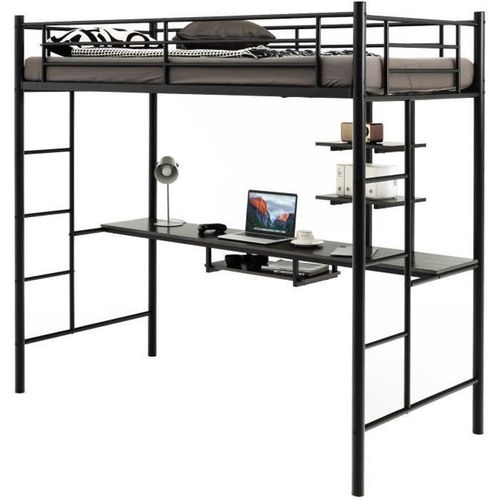 Costway Lit Mezzanine En Métal Avec Bureau, 90 X 190 Cm, Avec 2 Etagères, 2 Échelles, Garde-Corps Sur Toute La Longueur, Noir