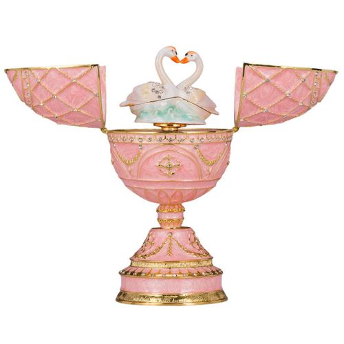 Oeuf à la Fabergé / boîte à musique / boîte à bijoux avec deux cygnes 17 cm, rose