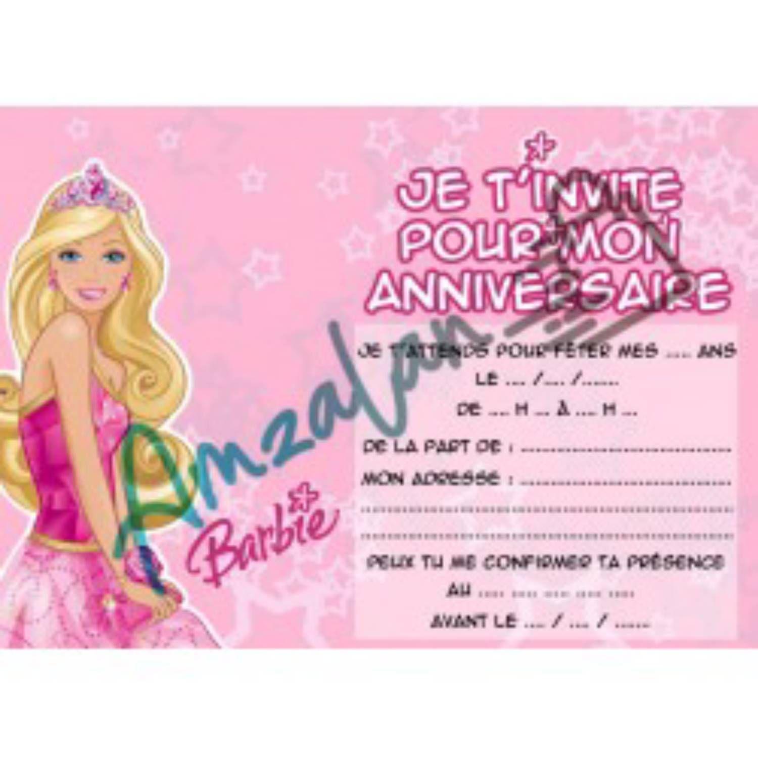 Lot de 6 cartes d'invitations pour enfants fille Barbie v1