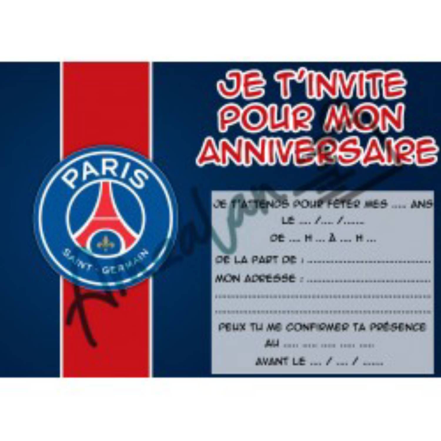 Lot de 6 cartes d'invitations pour enfants anniversaire foot PSG Paris Saint -Germain + 6 enveloppes