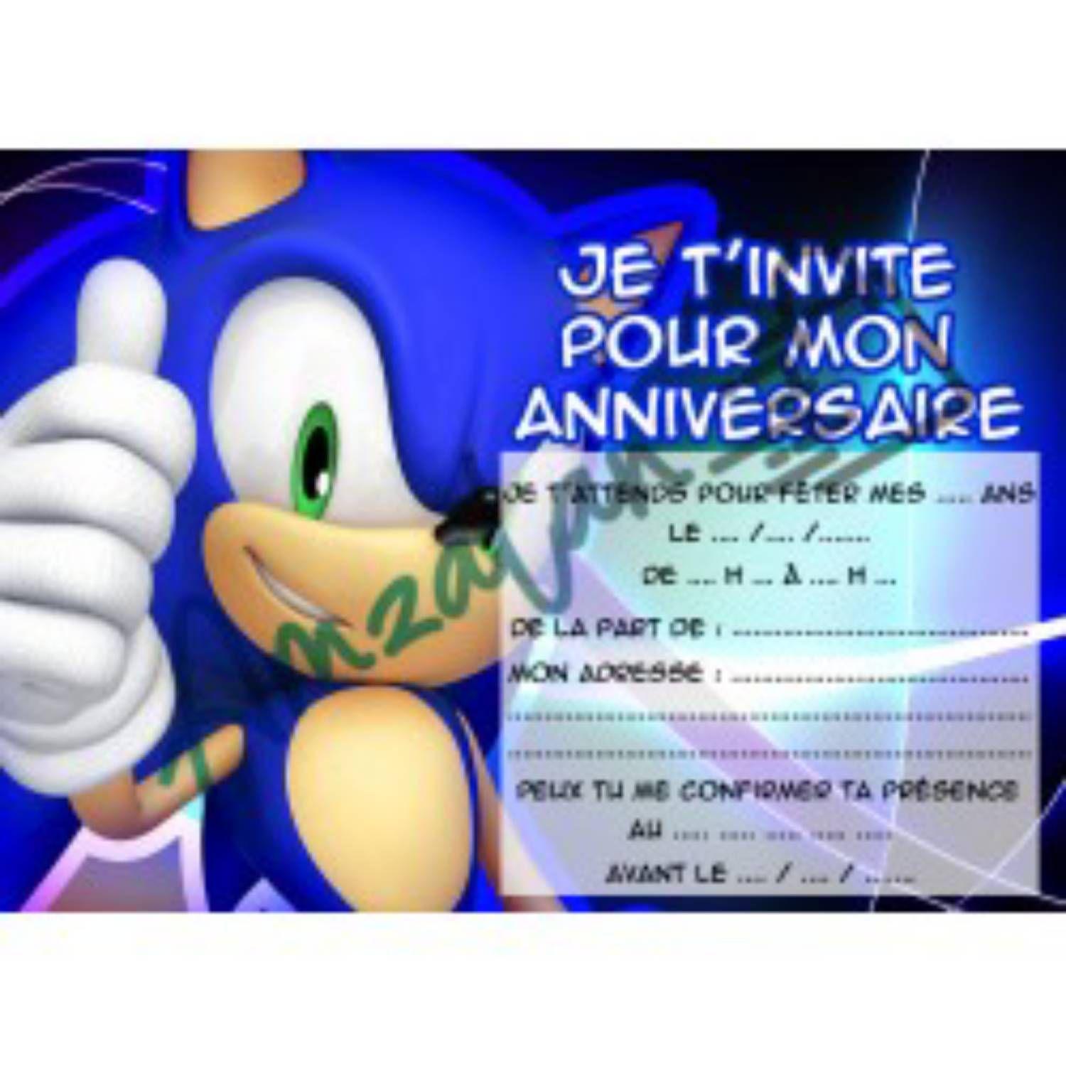 Lot de 6 cartes d'invitations pour enfants anniversaire Sonic + 6 enveloppes