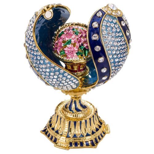 Oeuf à la Fabergé torsadé avec panier de fleurs 12 cm, bleu