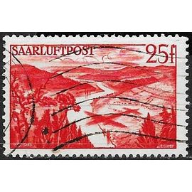 Allemagne, Land De Sarre Sous Adm. Française 1948, Beau Timbre De Poste Aérienne Yvert 9, Vallée De La Sarre Près De Mettlach, 25f. Rouge, Oblitéré, Tbe.