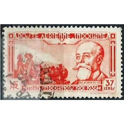 Indochine (Actuel Vietnam), Colonie Française 1938, Beau Timbre De Poste Aérienne Yvert 12, Achèvement Du Chemin De Fer Trans-Indochinois Et Portrait Du Président Paul Doumer, Oblitéré, Tbe.