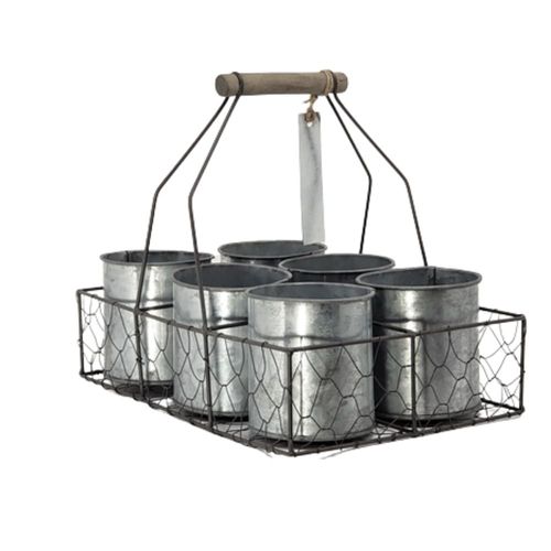 Panier grillagé et ses 6 pots en zinc 29 x 20 x 26 cm