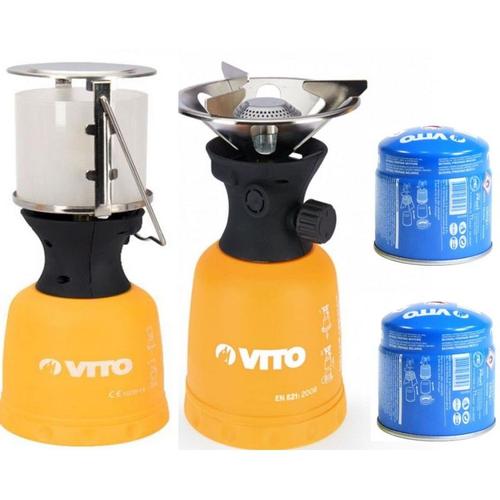 Kit Lampe à gaz + Rechaud à gaz VITO Coque ABS + 2 Cartouches gaz 190gr Camping et maison Fonctionne avec cartouche de gaz