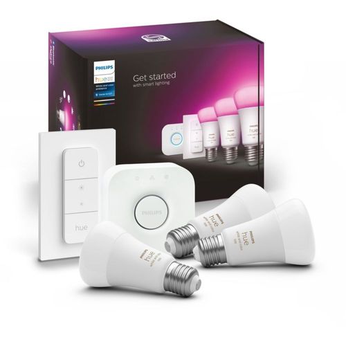 Pack Philips Hue White & Color Ambiance E27 X3 - Kit De Démarrage 3 Ampoules Connectées + Interrupteur Avec Variateur
