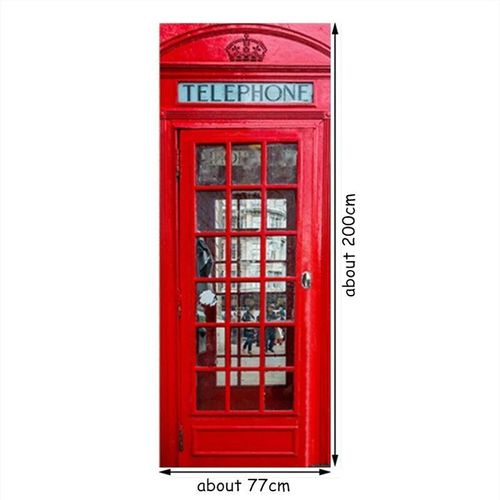 Autocollants de porte d'art mural 3D,papier peint en vinyle,cabine téléphonique rouge,vintage,décoration de la maison,vue sur la rue de la ville d'Angleterre,77x200cm