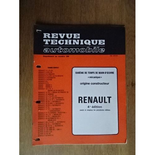 Revue Technique Automobile Barème De Temps De Main-D Oeuvre ((Mécanique)) Origine Constructeur Renault 4 E Édition