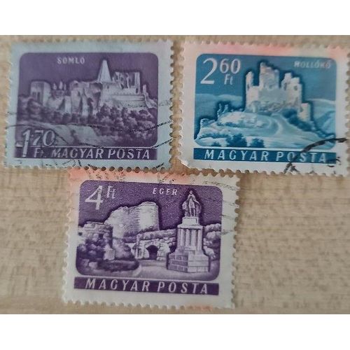 Trois Timbres Oblitérés Magyar Posta, 1959 Et 1960, Monuments Historiques, Somlo, Molloko Et Eger De Respectivement 1,70, 2,60 Et 4 Forints.