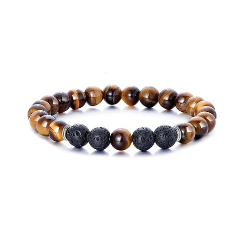 Bracelet Elastique Pierres Naturelle Oeil De Tigre Marron & Pierres De Lave Volcanique Perle 6mm Lithothérapie Création Artisanale Française Lovepiercing