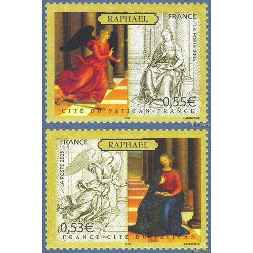 France 2005, Très Beaux Timbres Neufs** Luxe Yvert 3838 Et 3839, Emission Commune France-Cité Du Vatican, Oeuvre De Raphaël - "L'annonciation", Marie Et L'ange Gabriel.