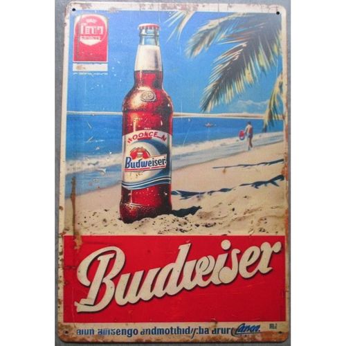 Plaque Bouteille De Budweiser Sur La Plage 30x20cm Tole Aspect Vieillit