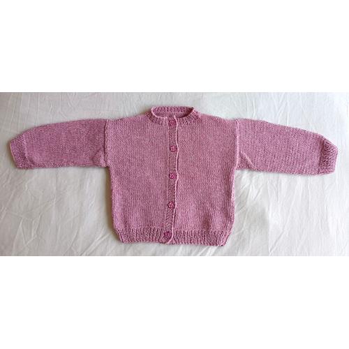 Gilet Lilas. Rose. Mauve. Boutons Fleurs. Fait Main. Laine. Taille 3 Ans