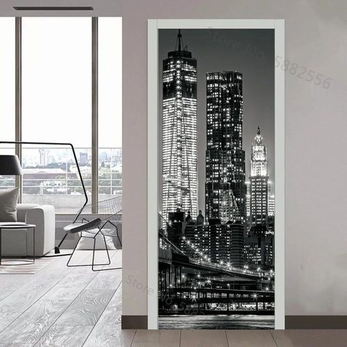 Autocollant de Porte de Paysage de Ville de New York,Papier Peint Mural en Vinyle,Décor de Maison,Art,Affiche d'Escalier