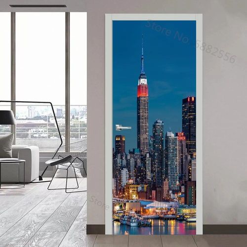 Autocollant de Porte de Paysage de Ville de New York,Papier Peint Mural en Vinyle,Décor de Maison,Art,Affiche d'Escalier