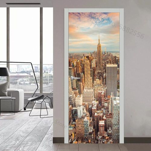 Autocollant de Porte de Paysage de Ville de New York,Papier Peint Mural en Vinyle,Décor de Maison,Art,Affiche d'Escalier