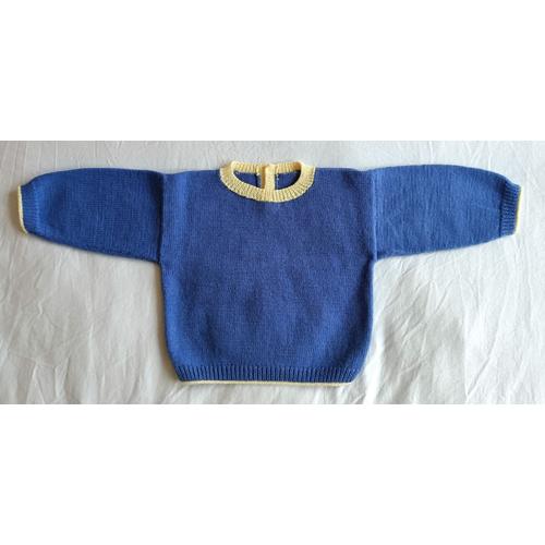 Pull Bleu Et Jaune. Boutons Fleurs. Fait Main. Laine. Taille 3 Ans