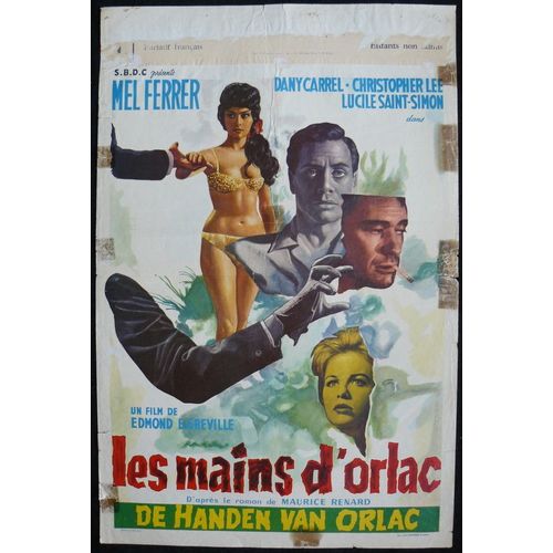 Les Mains D'orlac * Film Fantastique 1961 Edmond T Greville - Affiche De Cinéma Originale Belge De 1961 - 35x55 Cm * Original Release Movie Poster * Mel Ferrer ; Dany Carrel ; Christopher Lee *