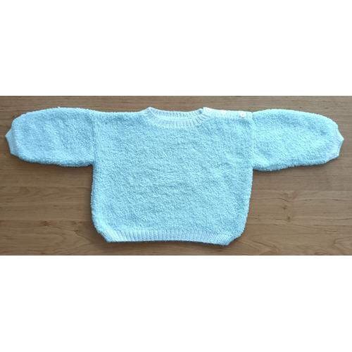 Pull Vert Pale Et Blanc. Fait Main. Laine. Taille 3 Ans