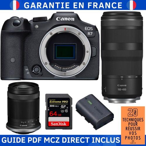 Canon EOS R7 + RF-S 18-150mm IS STM + RF 100-400mm IS USM + 1 SanDisk 64GB Extreme PRO UHS-II SDXC 300 MB/s + 1 Canon LP-E6NH + Guide PDF MCZ DIRECT '20 TECHNIQUES POUR RÉUSSIR VOS PHOTOS'