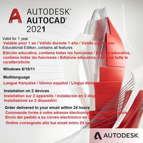 Autocad 2021 An De Licence | Windows (64 Bit Seulement) | Livraison Numérique En 24h | Guide De Téléchargement Du Logiciel Inclus | Version Française (D'autres Langues Disponibles) |