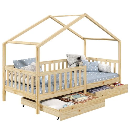 Lit Cabane Elea Lit Enfant Simple Montessori 90 X 190 Cm, Avec 2 Tiroirs De Rangement, En Pin Massif À La Finition Naturelle
