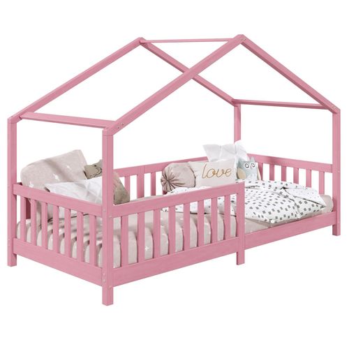 Lit Cabane Enfant 90x190 Cm Lisan Lit Simple Montessori Avec Barrières De Protection En Bois Massif Lasuré Rose