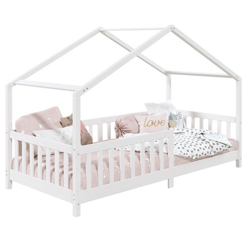 Lit Cabane Enfant 90x190 Cm Lisan Lit Simple Montessori Avec Barrières De Protection En Bois Massif Lasuré Blanc