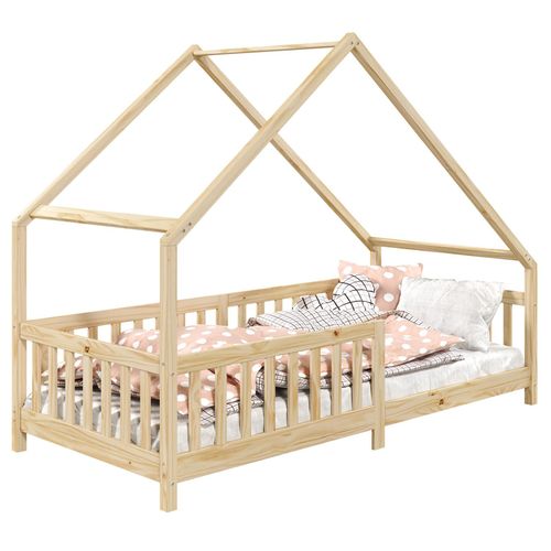 Lit Cabane Cora Lit Enfant Simple Montessori Asymétrique En Bois 90 X 190 Cm En Pin Massif À La Finition Naturelle