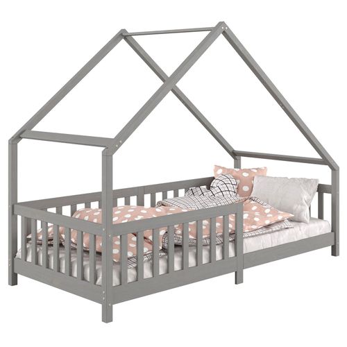 Lit Cabane Cora Lit Enfant Simple Montessori Asymétrique En Bois 90 X 190 Cm En Pin Massif Lasuré Gris