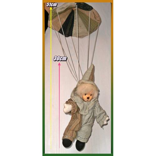 Poupée De Chiffon - Clown Parachute - Tête En Céramique - 51cm