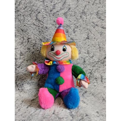Peluche Clown Multicolore Cuddle Wit - Doudou Arlequin Cirque Vintage - Jouet Ancien Jaune Bleu Rose