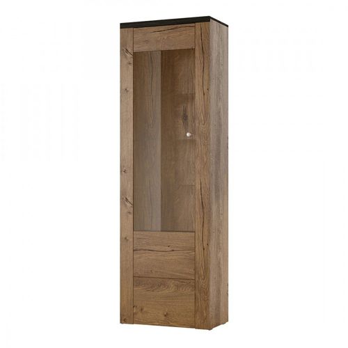 Vitrine Haute Design 1 Porte Avec Éclairage Led Collection Santiago. Coloris Chêne Et Noir Effet Bois.