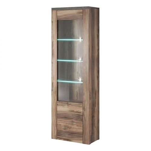 Vitrine Haute Design 1 Porte Avec Éclairage Led Collection Santiago. Coloris Noyer Et Noir Effet Bois.