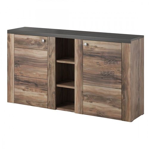 Buffet Design 155cm Pour Salon Couleur Noyer Et Noir Effet Bois Collection Santiago.