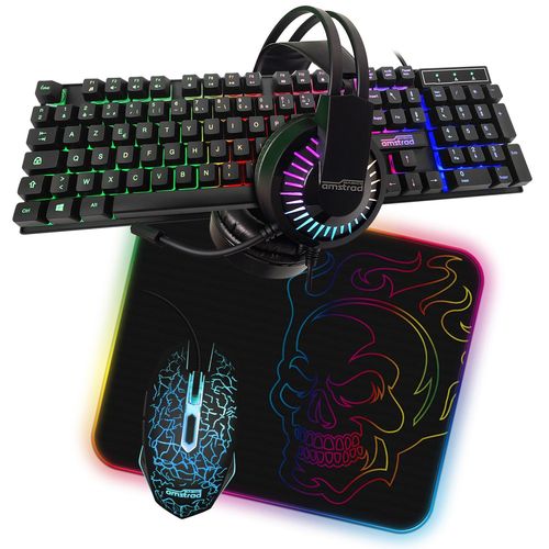 Pack Gamer Amstrad Battle 5 Pièces: Clavier, Souris & Tapis, Casque & Adaptateur. Usb & Retro-Éclairage Rgb