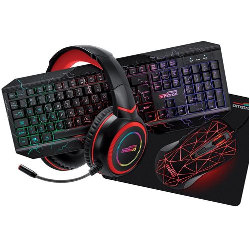 Pack Pro Gamer Amstrad Hunters 5 Pièces: Clavier, Souris & Tapis, Casque & Adaptateur. Retro-Éclairage Rvb. Azerty & Usb