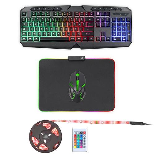 Livoo Tea285 Pack Gaming 4 En 1 Clavier Filaire Led Rgd / Souris Filaire Led Rgb / Tapis Rgb 35 X 25 Cm / Ruban Usb À Led De 2m