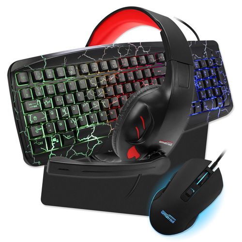 Pack Pro Gamer Amstrad Warriors 5 Pièces: Clavier, Souris & Tapis, Casque & Adaptateur. Retro-Éclairage Rvb. Azerty & Usb