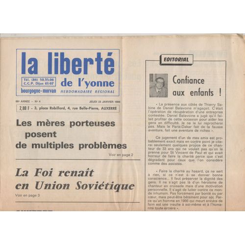 Journal La Liberte De L Yonne 23/01/1986 Editorial Sur Balavoine