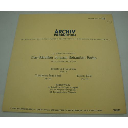Helmut Walcha/St. Laurenskerk In Alkmaar - Toccata Und Fuge F-Dur - Bach Lp25cm 1964 Archiv