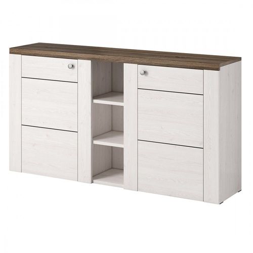 Buffet Design 155cm Pour Salon Couleur Blanc Effet Bois Et Chêne Collection Santiago.