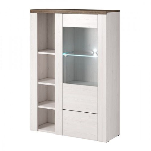 Buffet Haut Design 1 Porte Pour Salon Couleur Blanc Effet Bois Et Chêne. Collection Santiago.