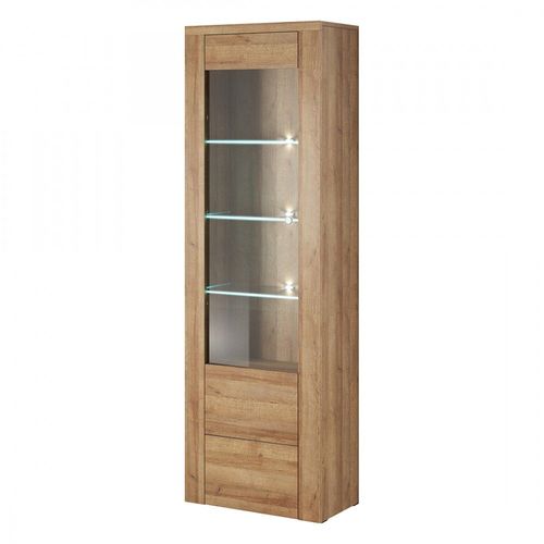 Vitrine Haute Design 1 Porte Avec Éclairage Led Collection Santiago. Coloris Chêne.