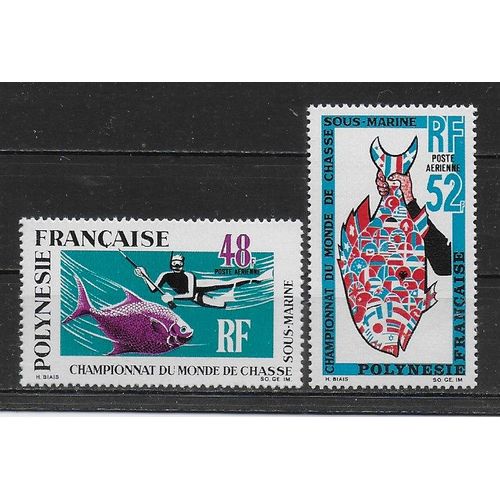 Polynesie Francaise Poste Aerienne 1969 : Championnats Du Monde De Chasse Sous-Marine, À Papeete : Chasseur De Poisson / Poisson : Série Entière De 2 Timbres À 100 F. Neufs ** Cote 107 Euros