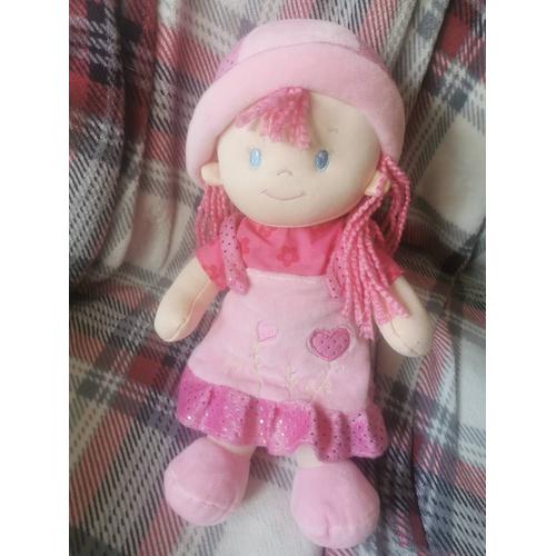 Doudou Poupée Chiffon Rose Chapeau Rose Robe Brodée Fleurs Coeurs Cheveux Laine Eddy Toys