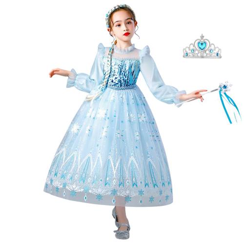 Kathévan Robe Princesse Reine Des Neiges Déguisement Princesse Elsa Costume  Elsa Carnaval Halloween Spectacle Cadeau Anniversaire Fille Taille 120/5-6ans