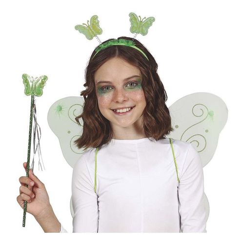 Kit Fée Papillon Verte : Bandeau, Baguette Et Ailes 35x40 Cm